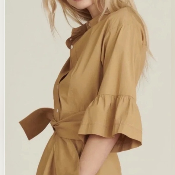 NWT VERONICA BEARD Luriane Poplin Tie Waist Khaki Flounce Sleeve Cotton Dress - Picture 2 of 14